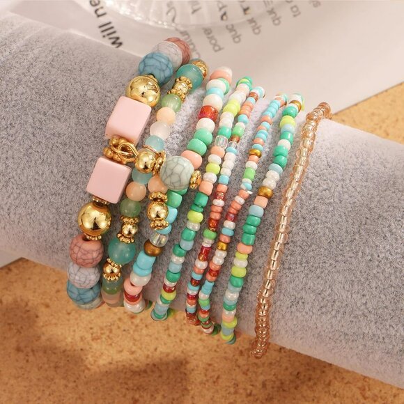 8PCS Beaded Bracelets for Women, Multilayered Stackable Strand Stretch Bead Brac - Picture 7 of 9